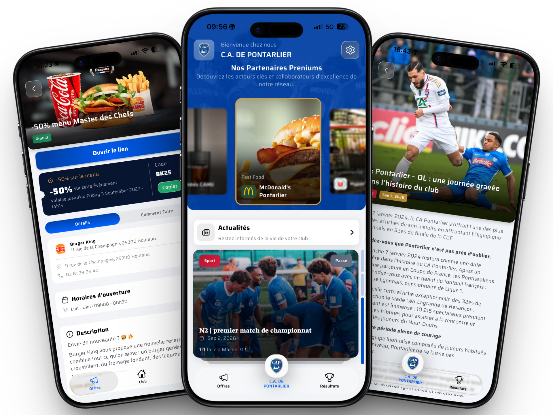 Application TonClub du C.A. de Pontarlier présentant une offre partenaire, l’accueil du club et une actualité